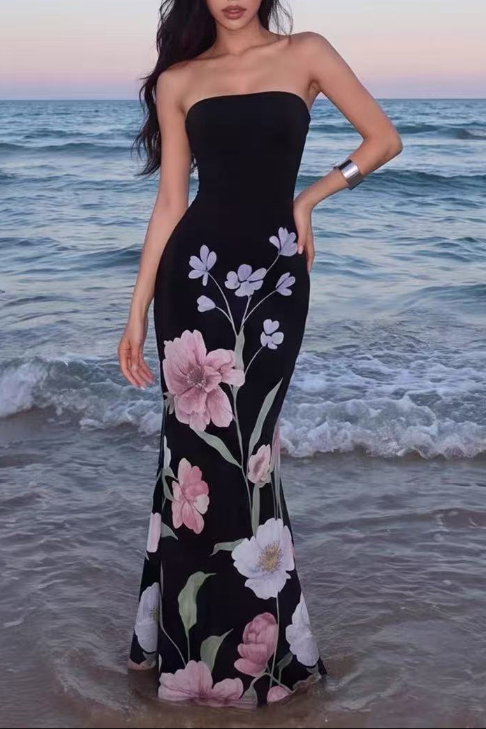 BLACK FLORAL STRAPLESS MERMAID MAXI DRESS