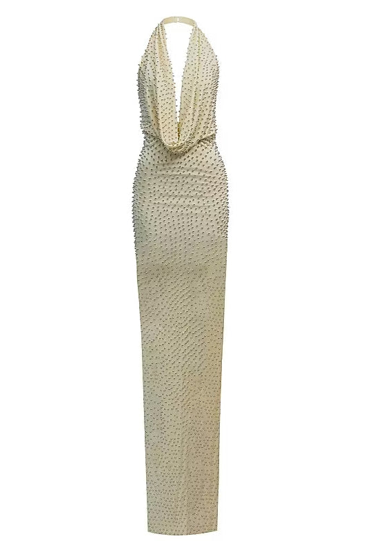 HALTER BACKLESS BEADED MAXI DRESS FOR WEDDING
