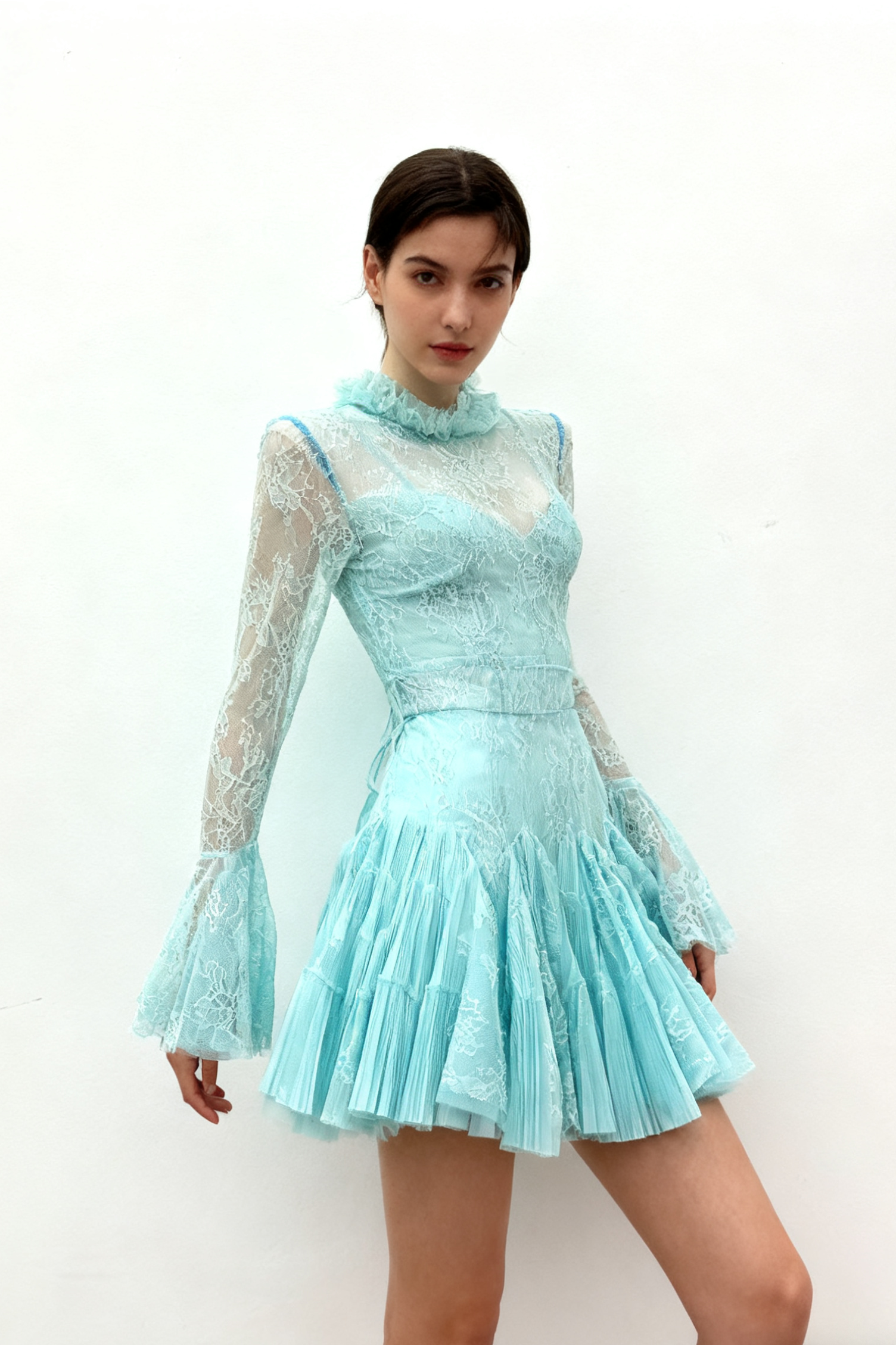 BLUE EMBROIDERED FLARED MINI DRESS FOR PARTY
