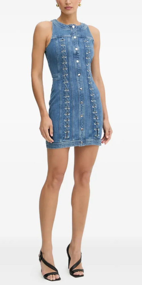 selena buttoned lace-up sleeveless mini dress in navy blue selena buttoned lace-up sleeveless mini dress in navy blue