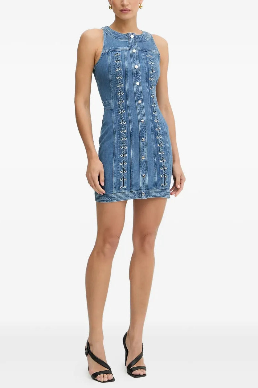 dd68bd42-2546-47e5-a78f-538c8cde8547 NAVY BLUE LACE-UP SLEEVELESS MINI DRESS, BUTTONED DETAIL