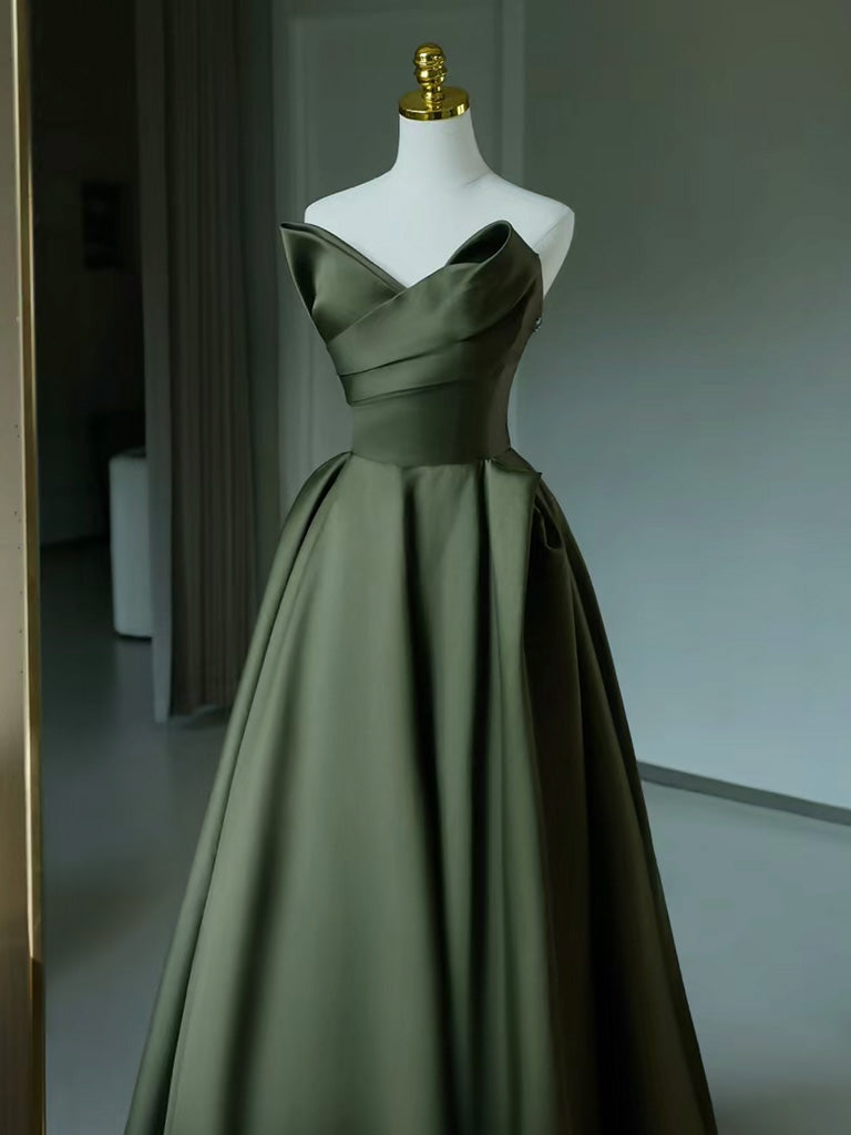 A-LINE V-NECK SATIN GREEN PROM DRESS