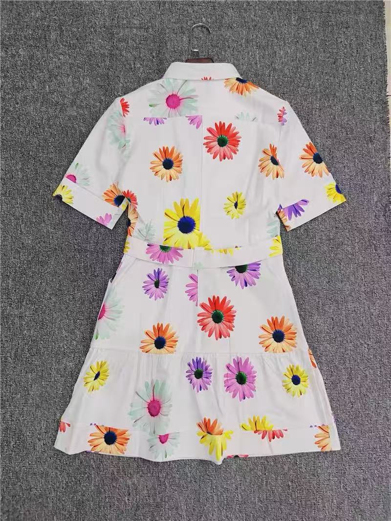 WHITE MULTI DAISY PRINT SHIRT DRESS WITH BELT