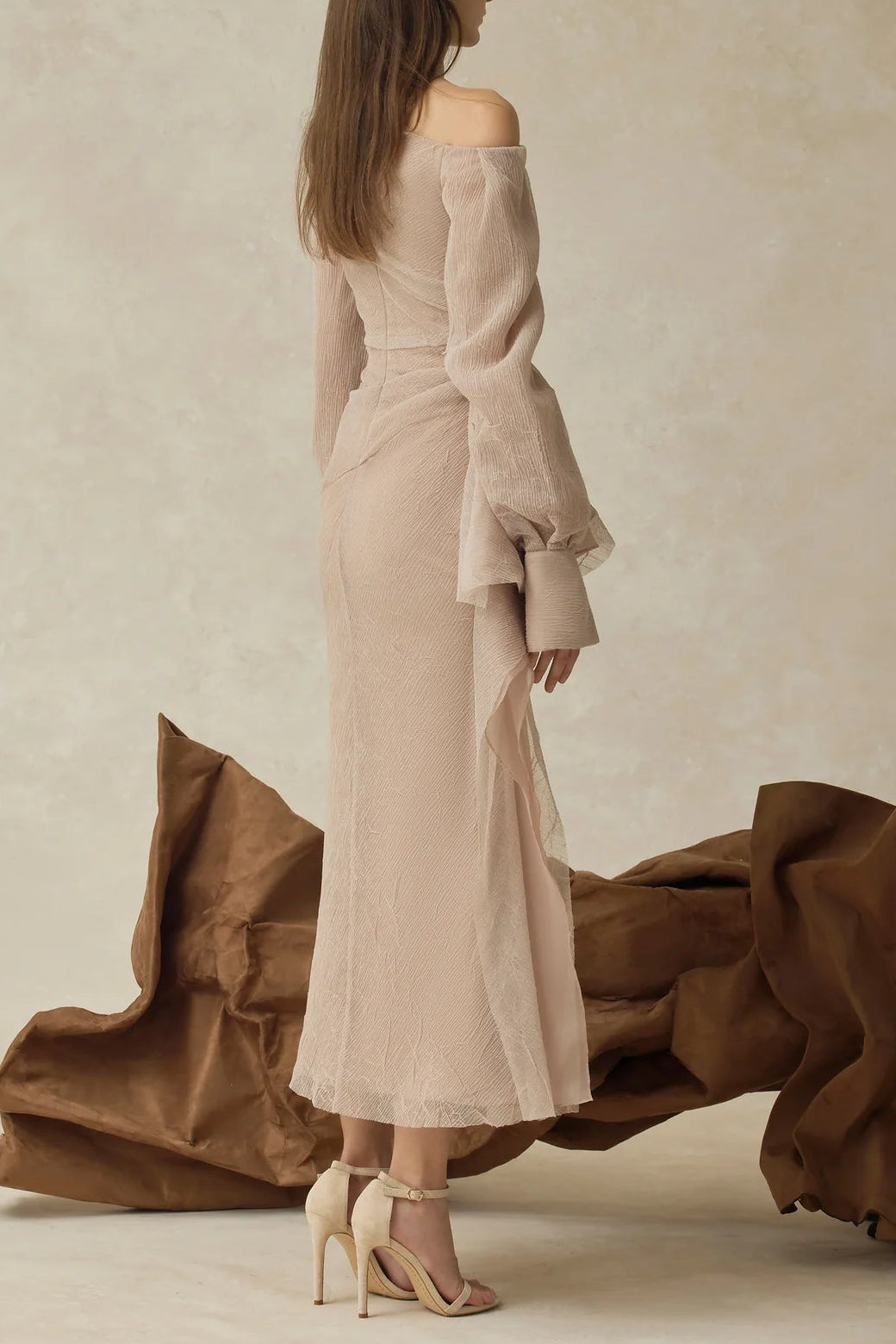 BRIANNA ASYMMETRIC PLEATED MAXI DRESS IN BEIGE