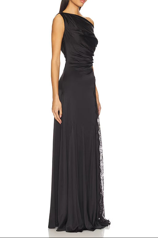 ELEGANT BLACK ASYMMETRICAL PLEATED MAXI DRESS WITH LACE SIDE SLIT