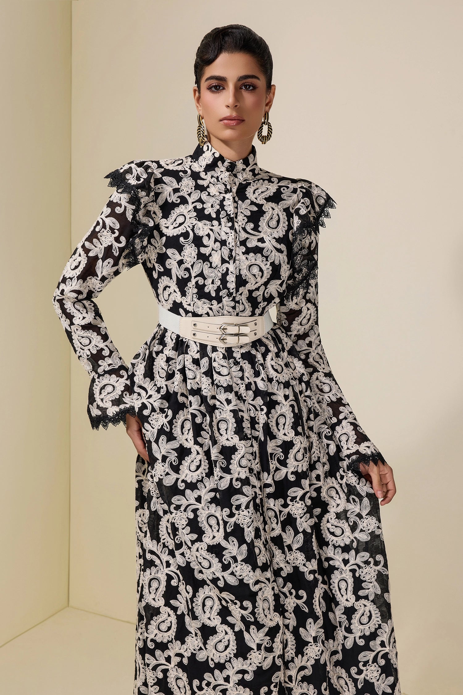 ALMA EMBROIDERED MIDI DRESS, BLACK, SINGLE BREASTED