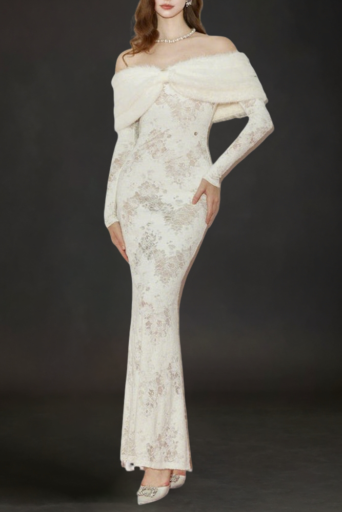ded JULIA OFF-SHOULDER FUR COLLAR LACE WHITE MAXI DRESS