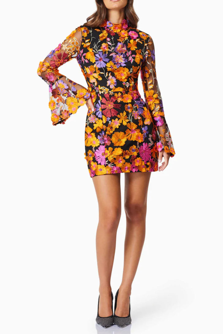 MULTI ORANGE FLORAL EMBROIDERED LONG SLEEVE MINI DRESS