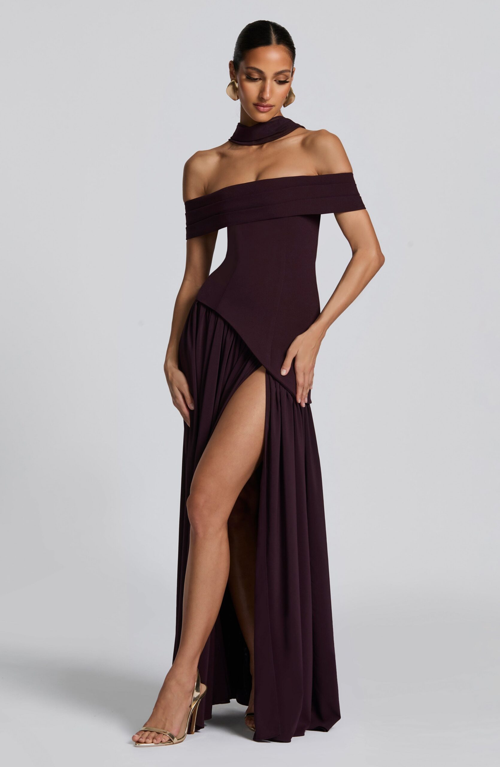 DOROTHY OFF-SHOULDER HIGH SLIT MAXI DRESS PLUM