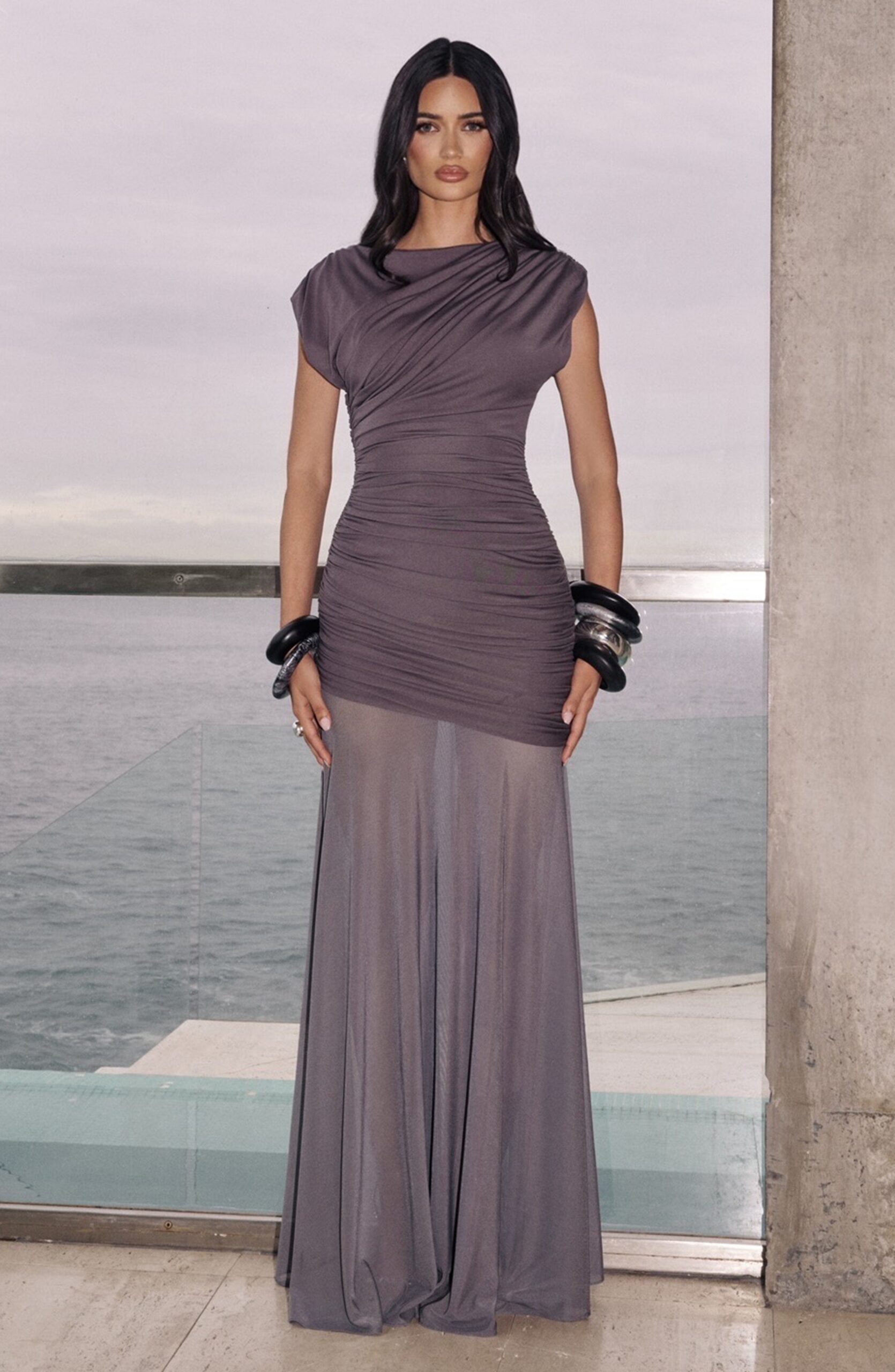 EILEEN RUCHED SLEEVELESS MAXI DRESS CHARCOAL