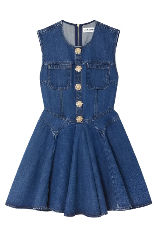 SLEEVELESS DENIM MINI DRESS WITH FLORAL BUTTONS FOR CASUAL DAYS