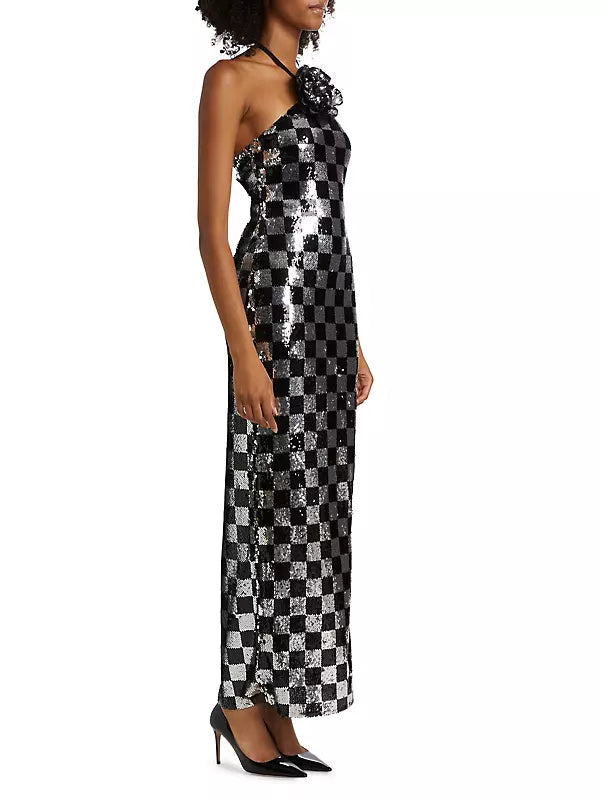 CHECKERBOARD SEQUIN HALTER FLOWER GOWN