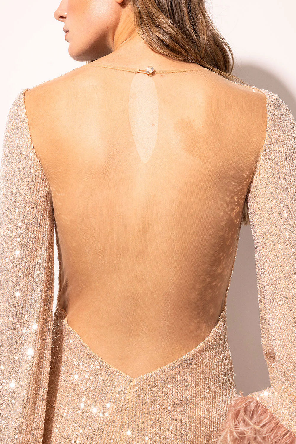 MURRAY PALE PINK SEQUIN FEATHER BACKLESS MINI DRESS