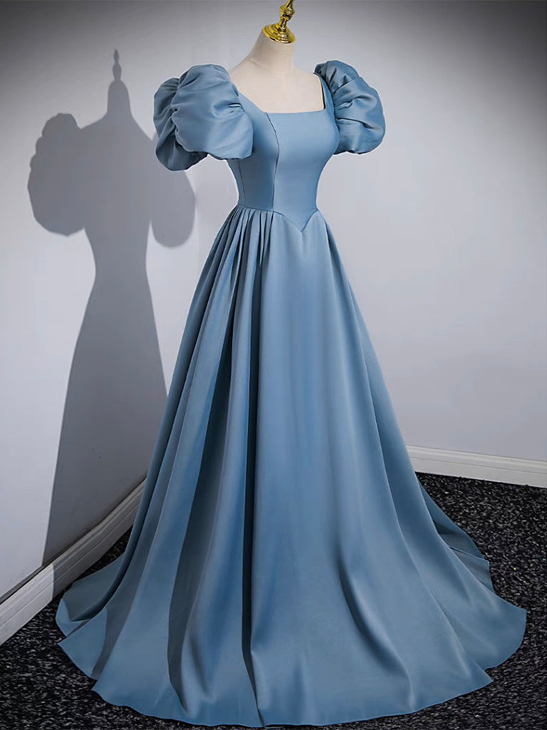 A-LINE SATIN BLUE LONG PROM GOWN