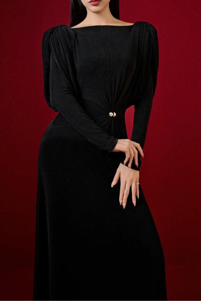 BERYL PLEATED KNIT MAXI DRESS BLACK