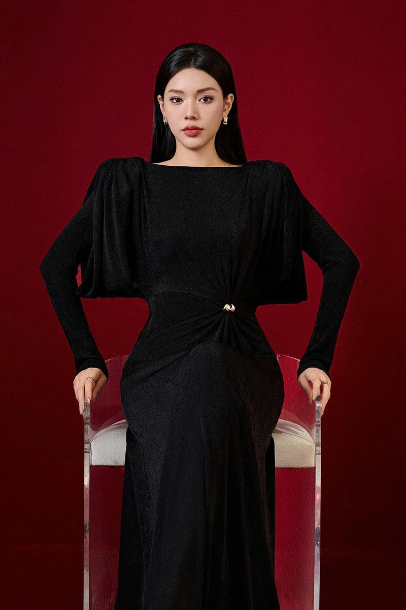 BERYL PLEATED KNIT MAXI DRESS BLACK