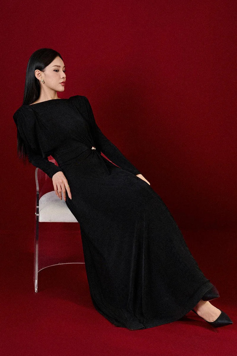 BERYL PLEATED KNIT MAXI DRESS BLACK