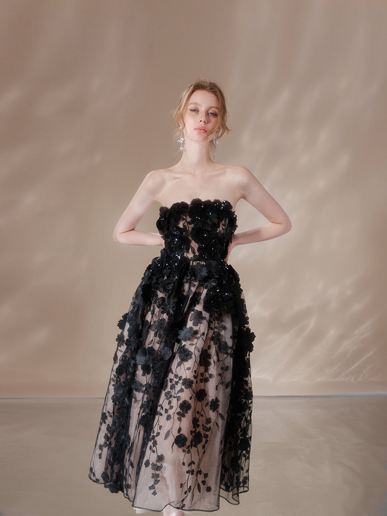 ANNA CRYSTAL FLORAL EMBROIDERY BLACK MIDI DRESS