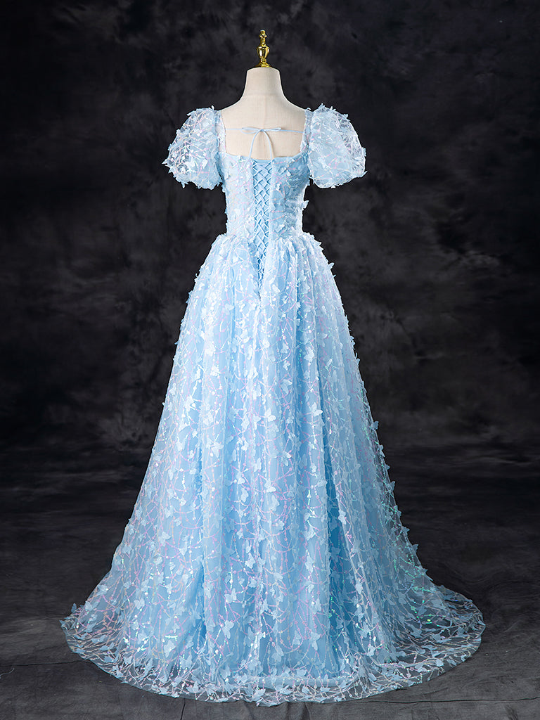 A-LINE TULLE SEQUIN LACE BLUE PROM DRESS