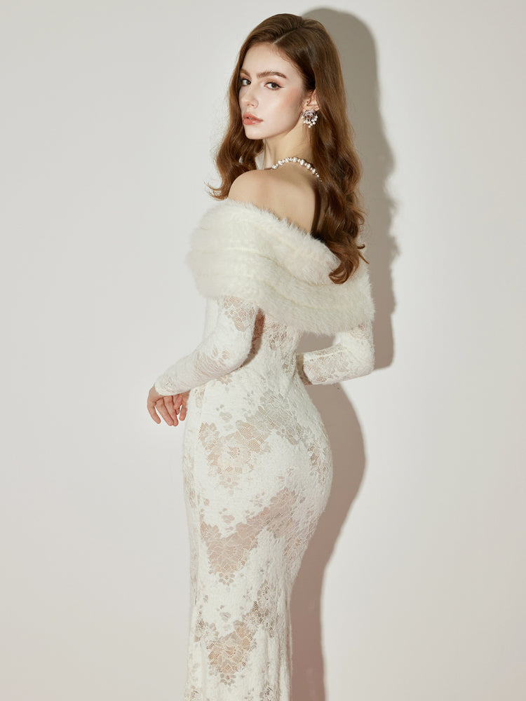 JULIA OFF-SHOULDER FUR COLLAR LACE WHITE MAXI DRESS