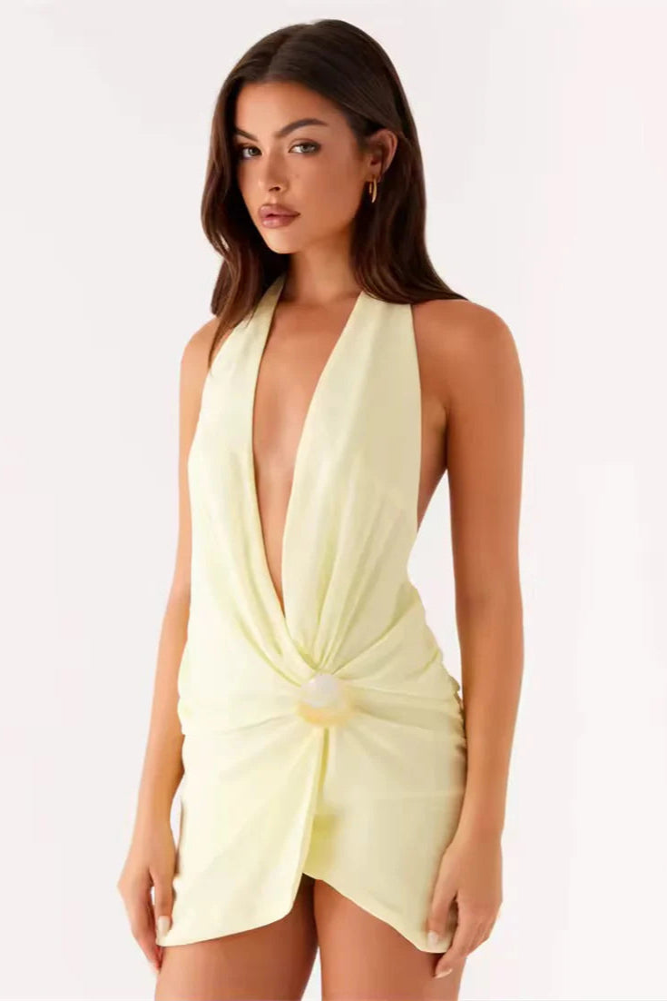 PALE YELLOW HALTER NECK MINI BEACH DRESS