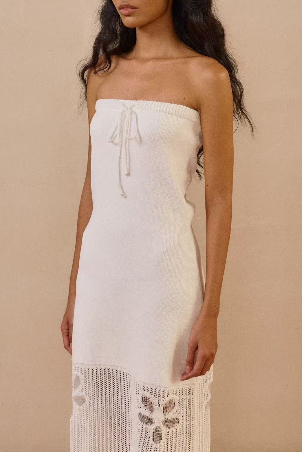WHITE STRAPLESS KNIT MAXI DRESS, CROCHET HEM