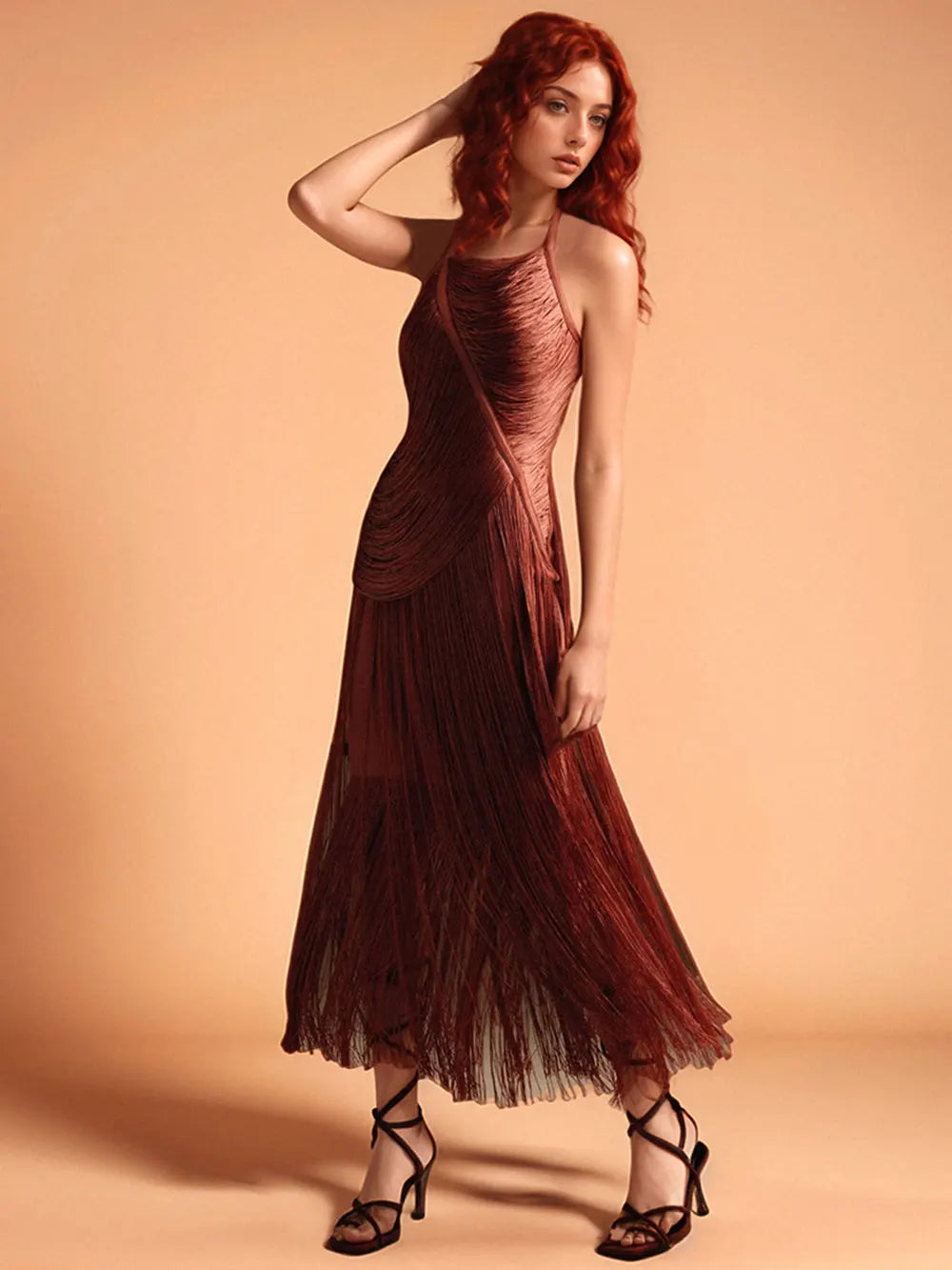 NICOLA PLEATED HALTER FRINGE MAXI DRESS BROWN
