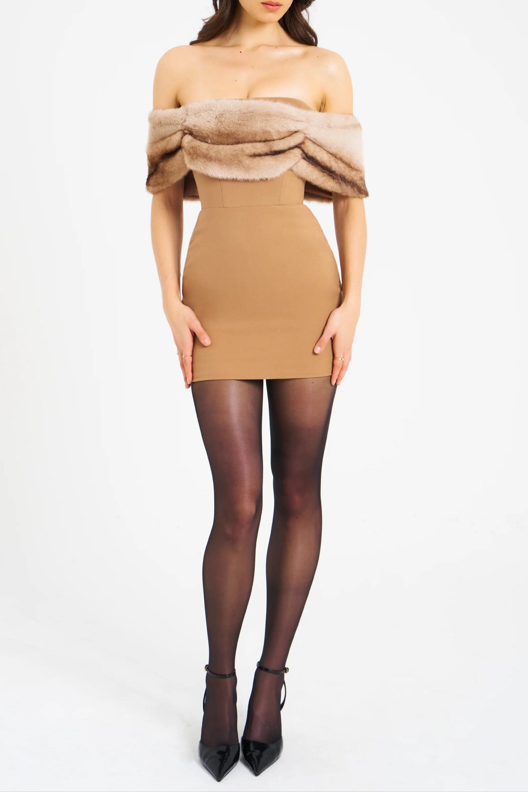 e13fc415-fd64-4512-b28b-ec4a3a2ec7fa TURMERIC OFF-SHOULDER FUR TRIM MINI DRESS
