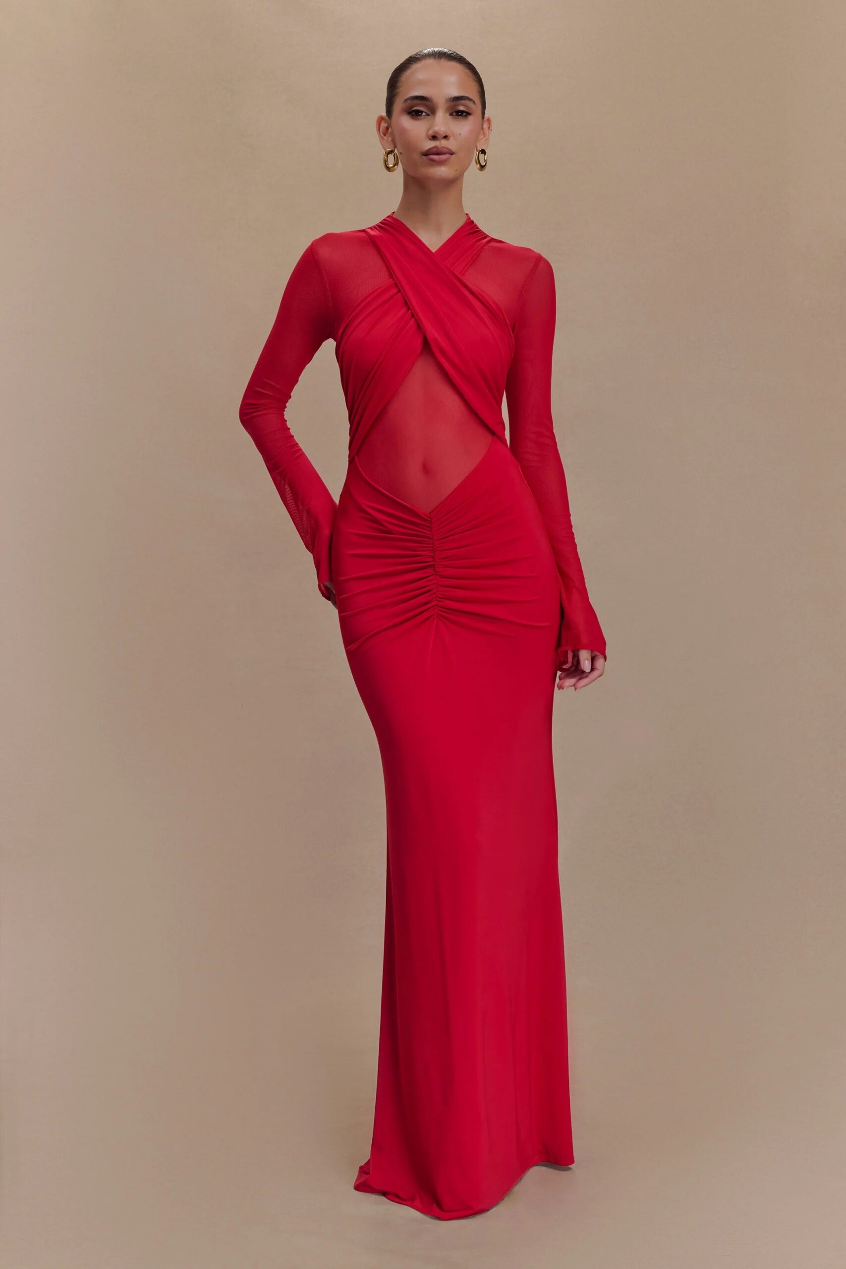 SLINKY MESH MAXI DRESS IN RUBY