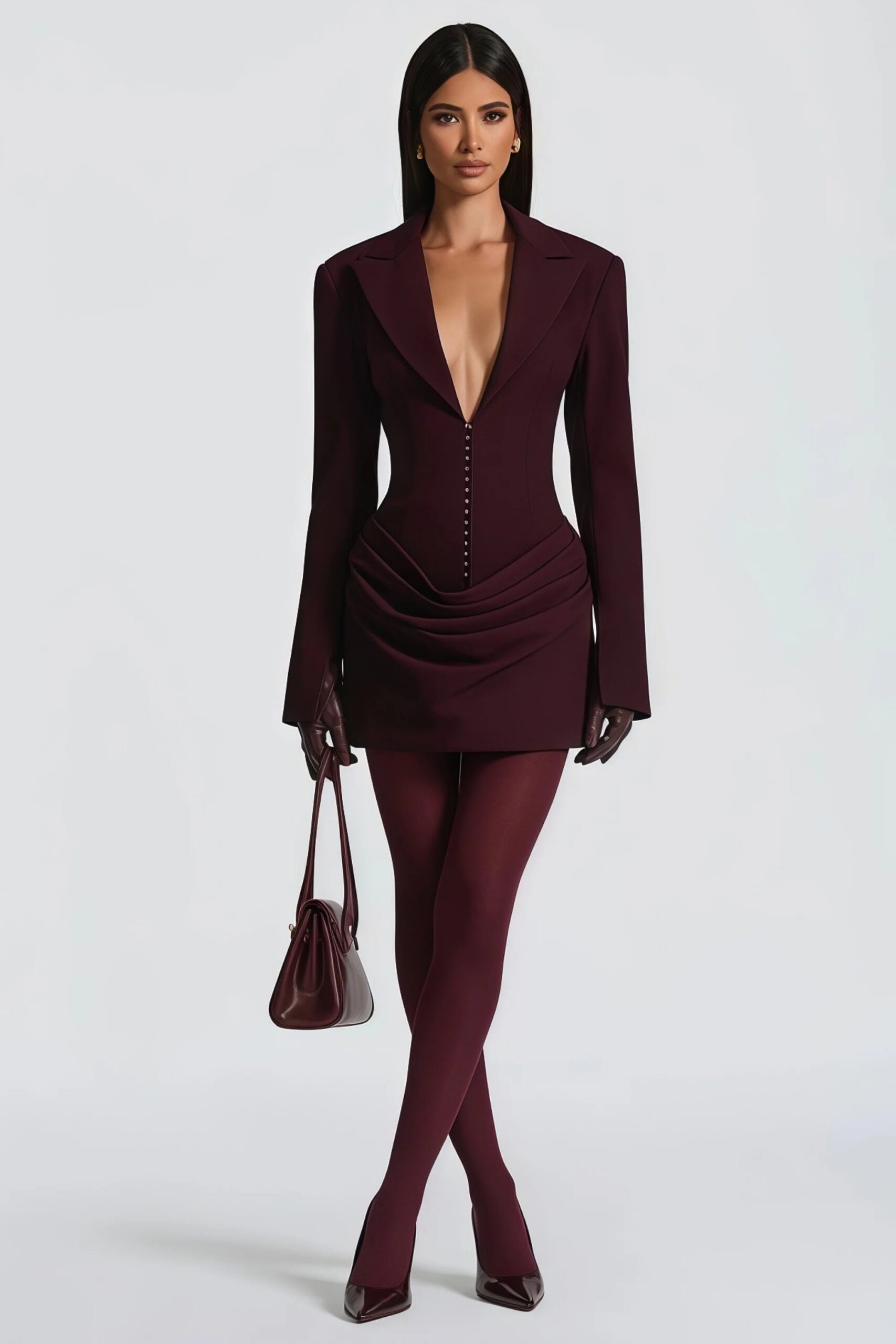 AMELIA V-NECK RUCHED BLAZER MINI DRESS IN WINE RED