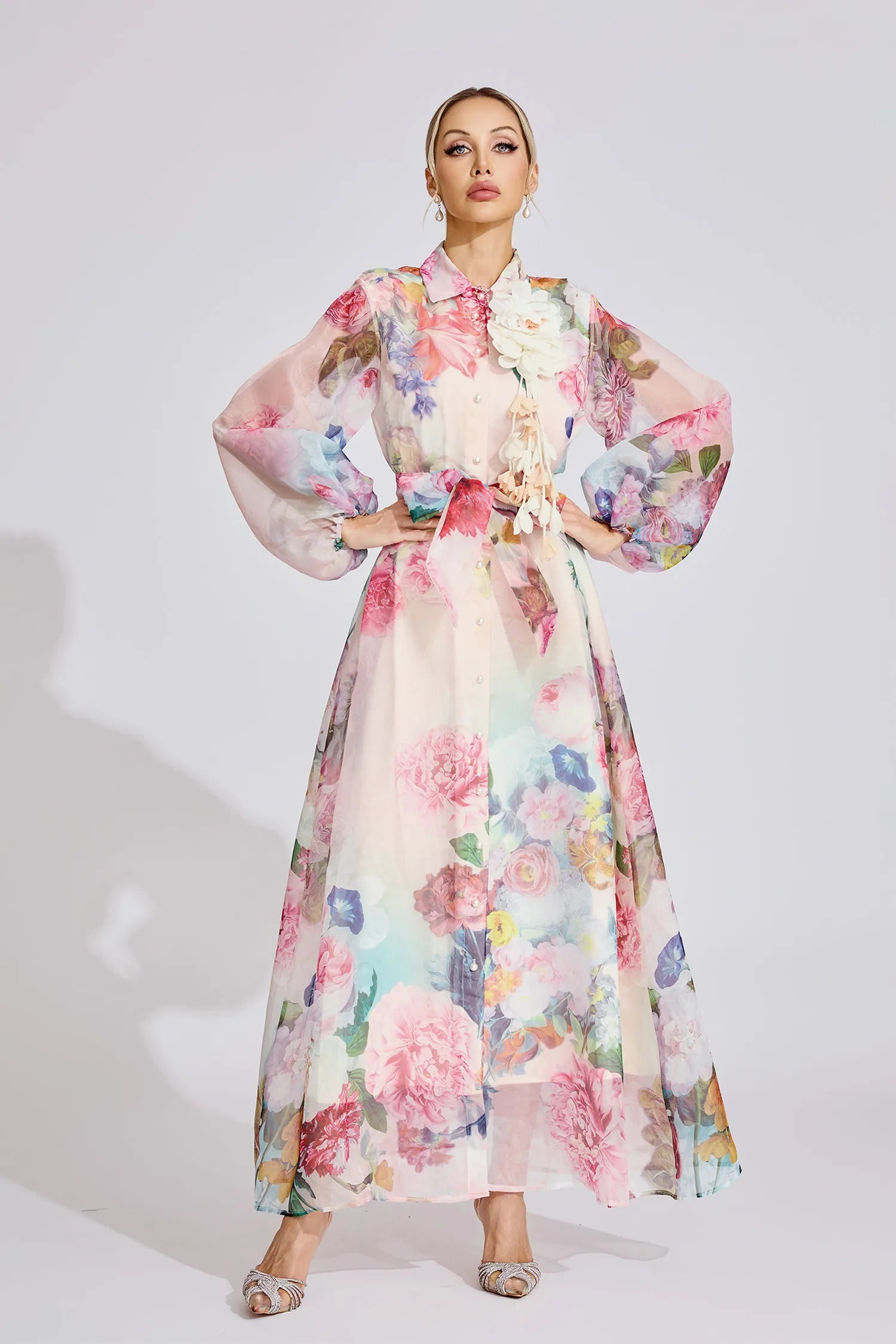 VIVIEN PINK FLORAL LANTERN SLEEVE MAXI DRESS