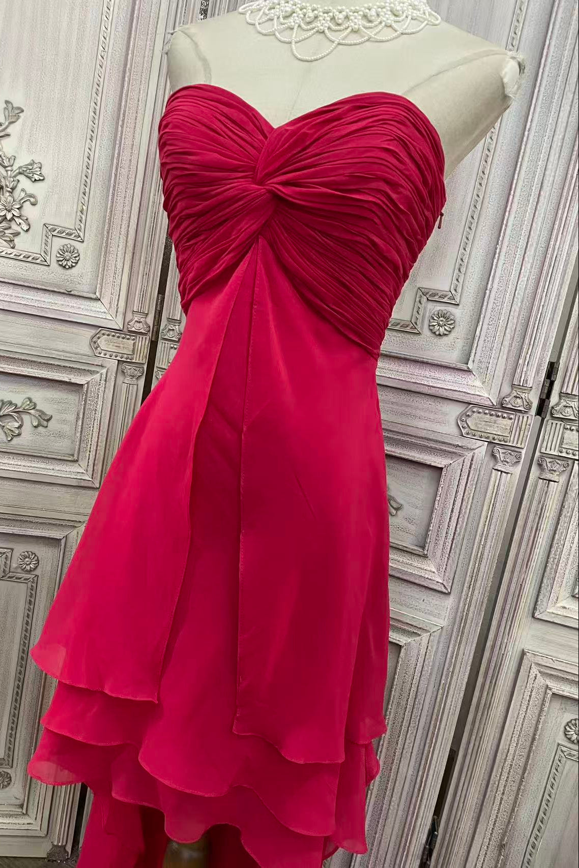 RED STRAPLESS CHIFFON HIGH-LOW EVENING GOWN