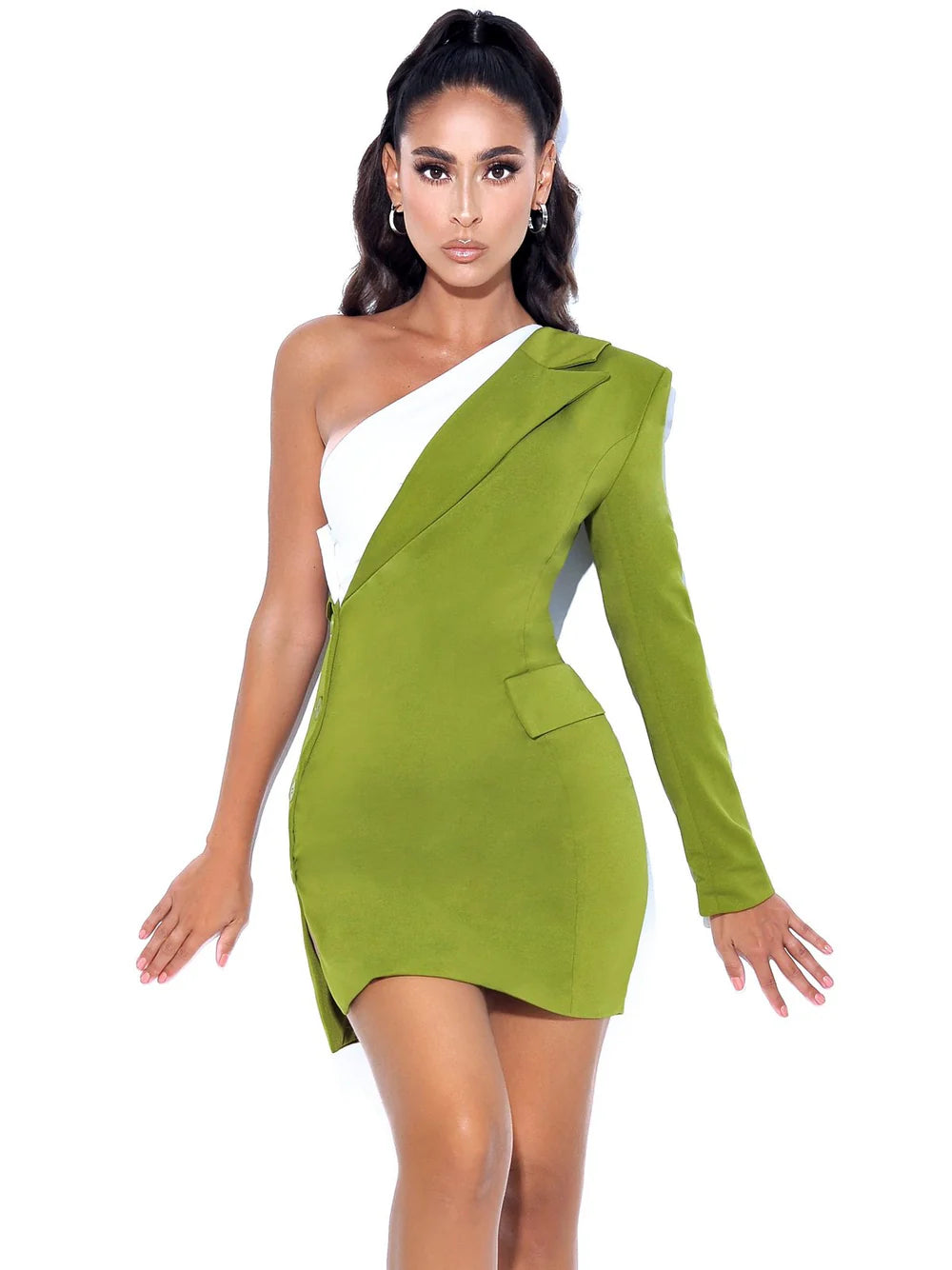 ONE-SLEEVE OLIVE BLAZER MINI DRESS FOR PARTY