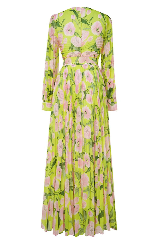 V-NECK SILK PRINTED PLEATED MAXI YELLOW DRESS