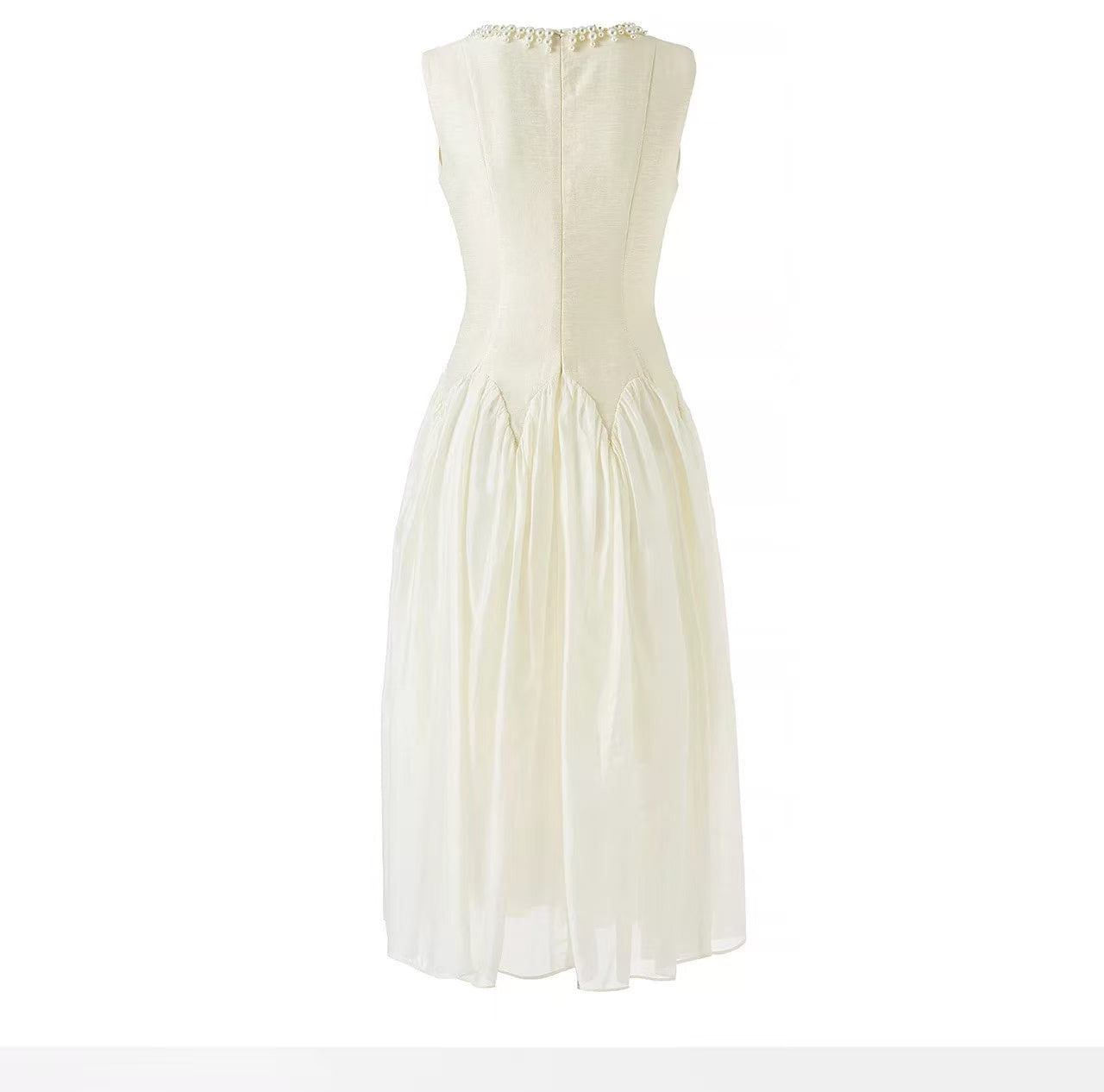SLEEVELESS IVOIRE MIDI DRESS, TULLE SKIRT, PEARL COLLAR