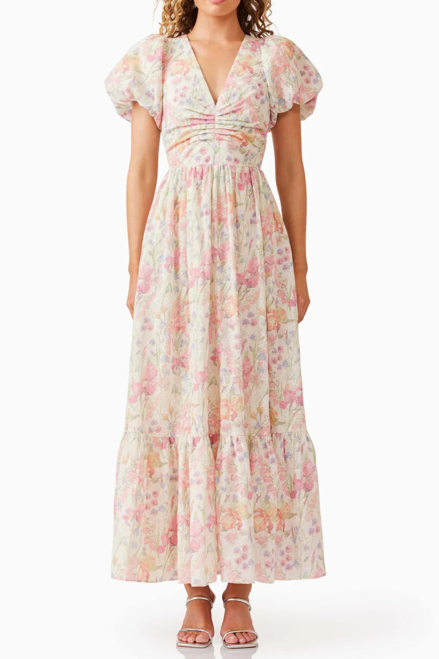 e262de24-8ac9-44b5-8f37-07e5eb841700 V-NECK PUFF SLEEVE FLORAL MAXI DRESS PINK