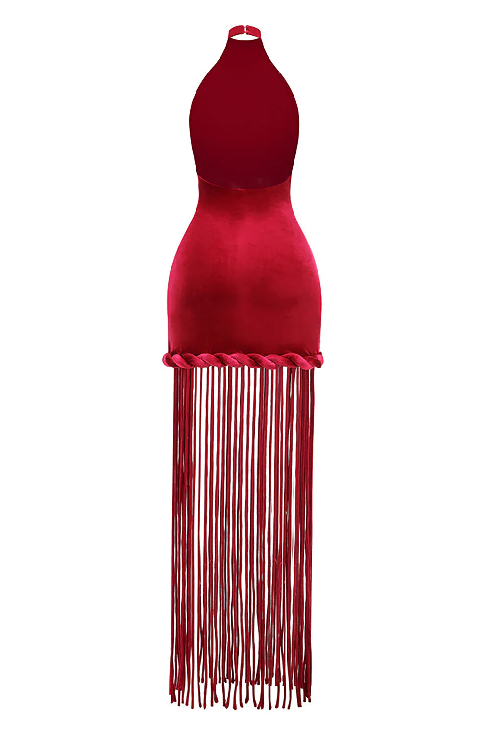 MICHAELIA BURGUNDY VELVET HALTER FRINGE COCKTAIL DRESS