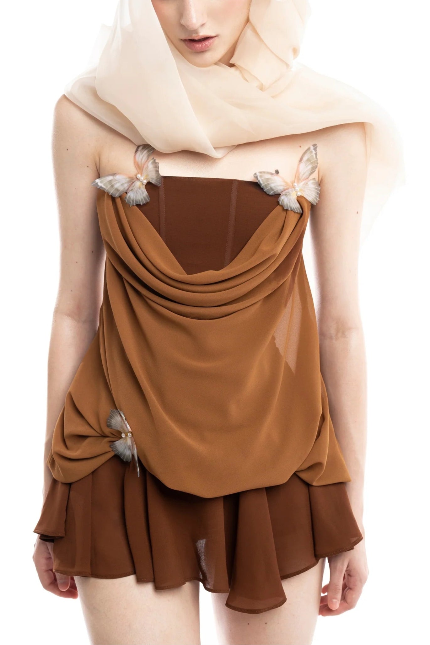 BROWN 3D BUTTERFLY TUNIC & MINI SKIRT SET