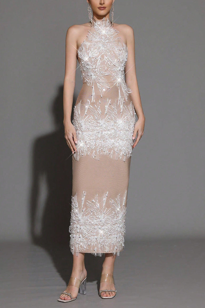 PANDORA KHAKI BEADED SEQUIN BANDAGE MAXI DRESS