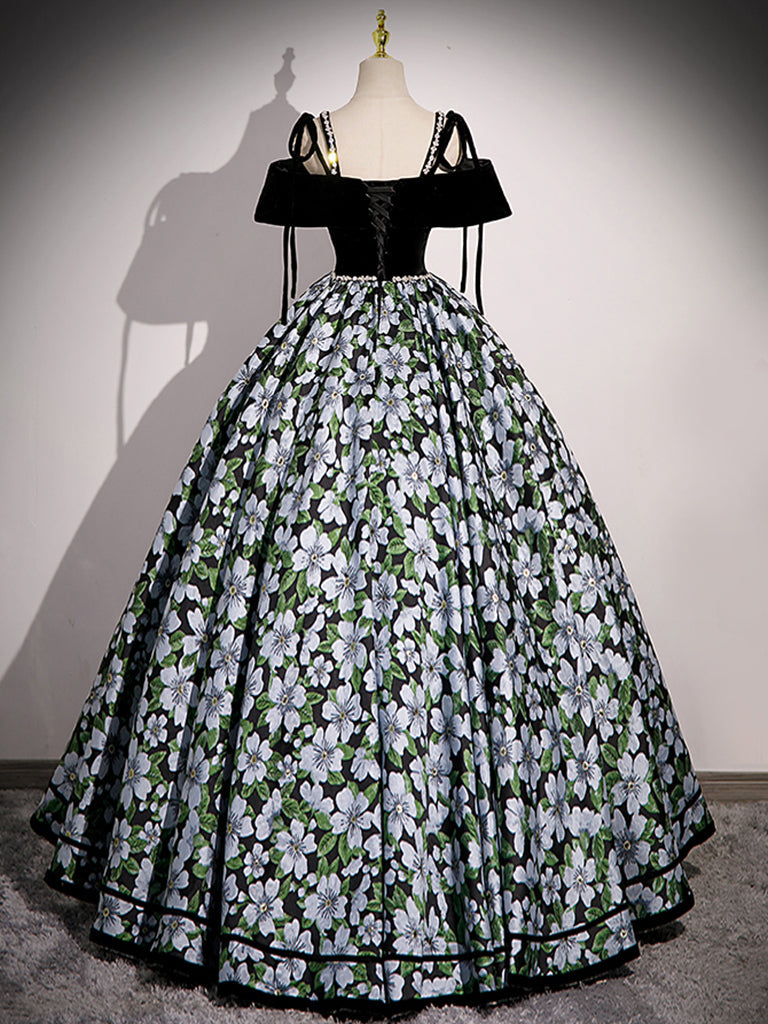 BLACK A-LINE SATIN FLORAL PROM DRESS