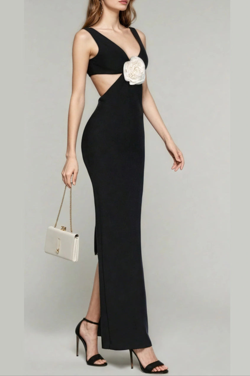 BLACK V-NECK HOLLOW OUT MAXI DRESS FOR WEDDING GUEST