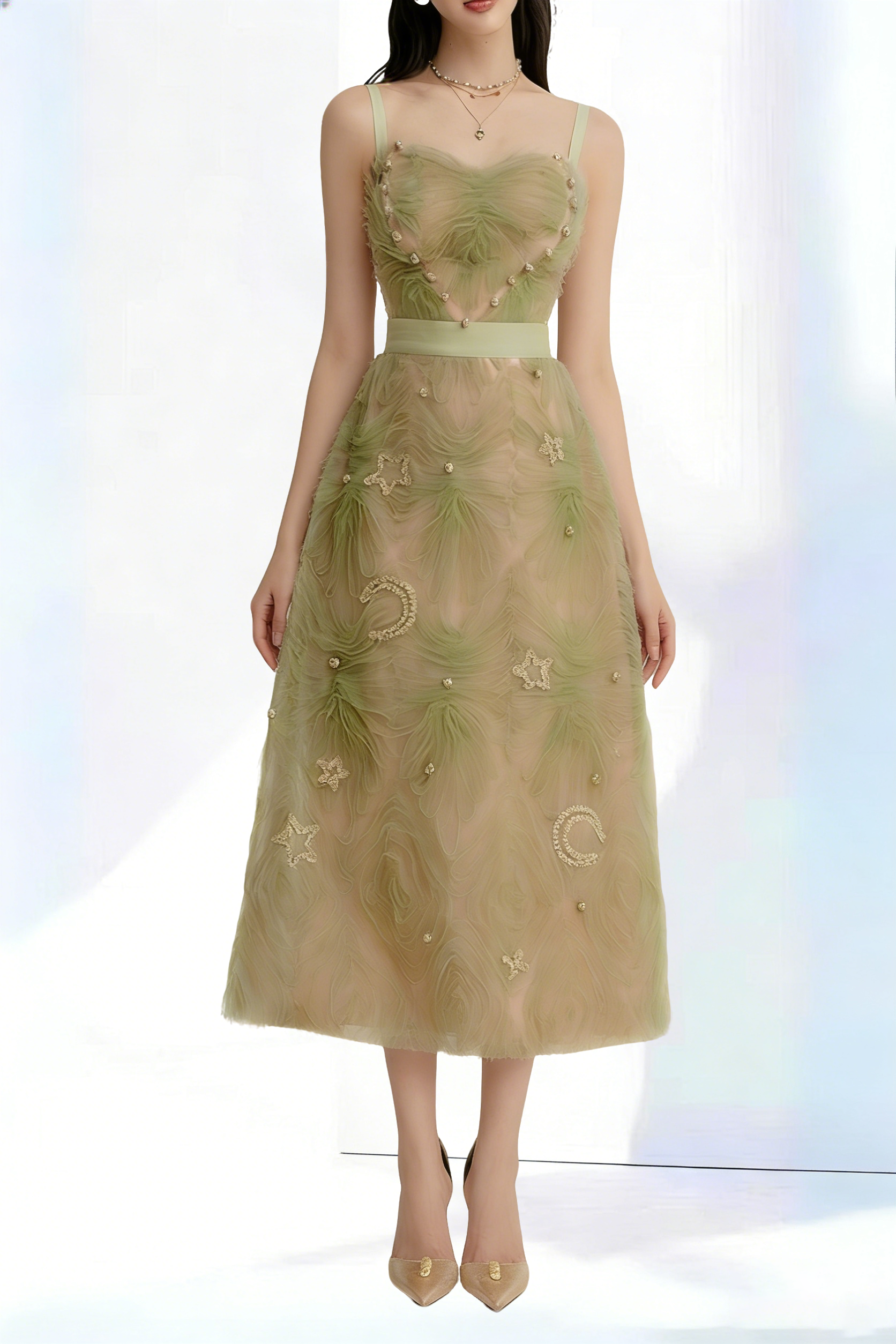 SPAGHETTI STRAP MESH MIDI DRESS FOR PARTY