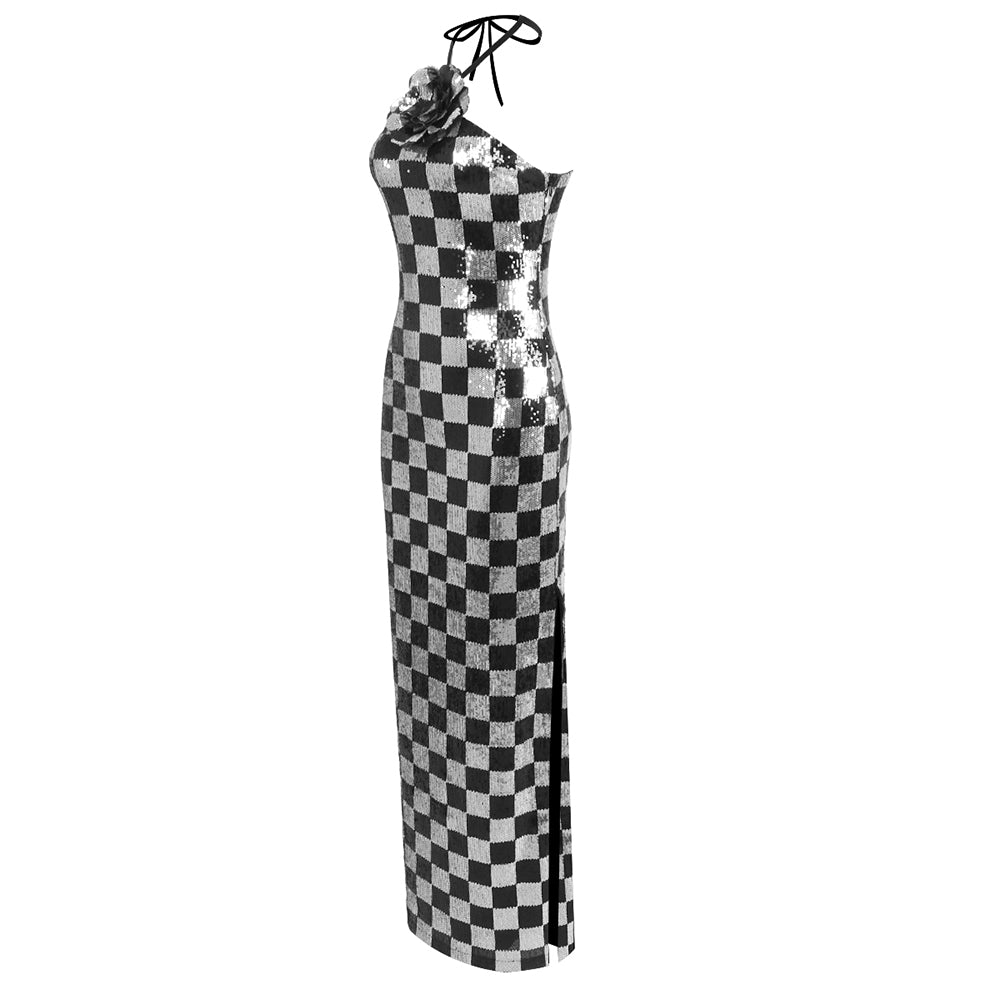 CHECKERBOARD SEQUIN HALTER FLOWER GOWN