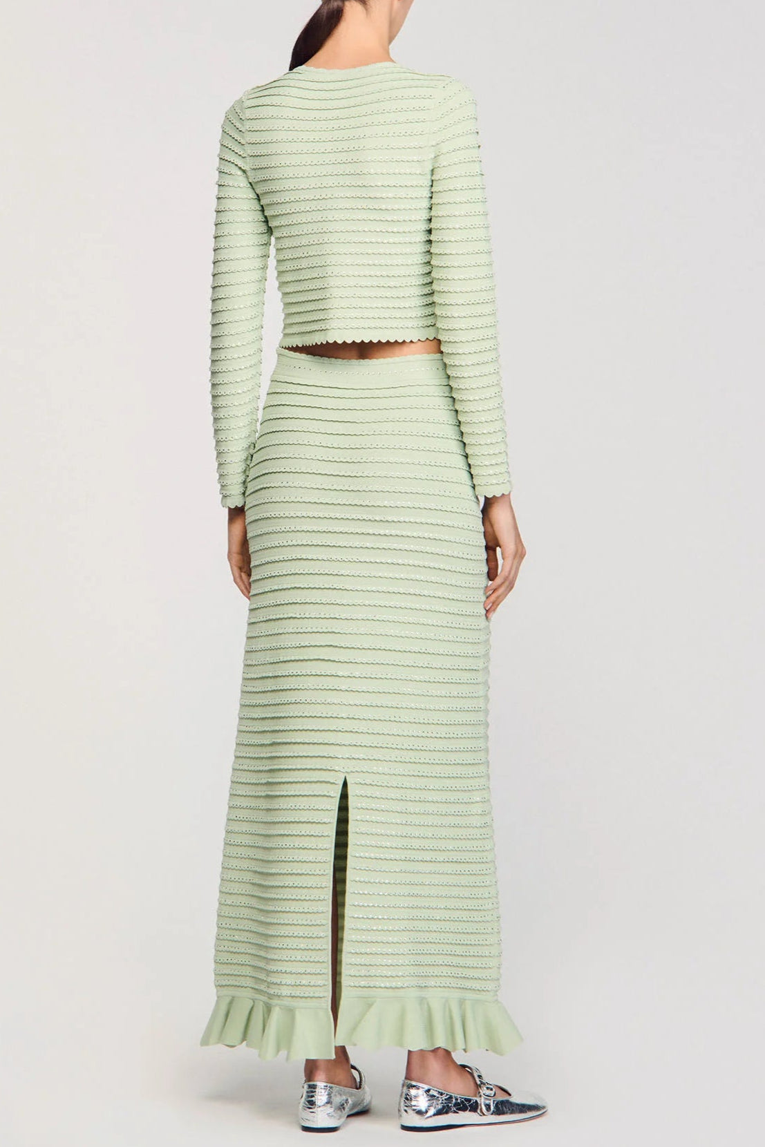 RHINESTONE KNIT MAXI SKIRT ALMOND GREEN PARTY