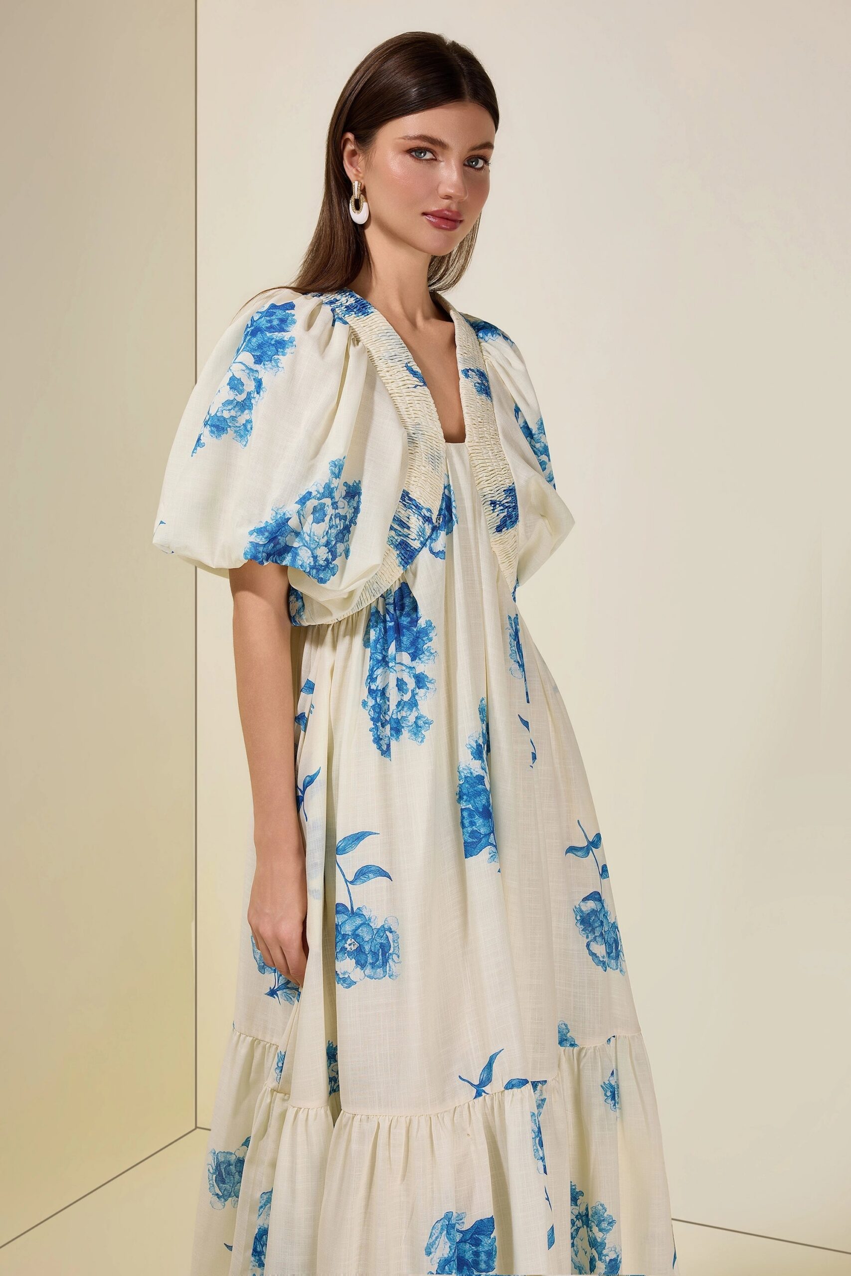 SUSIE SMOCKED PUFF SLEEVE MIDI DRESS - BLUE COCKTAIL