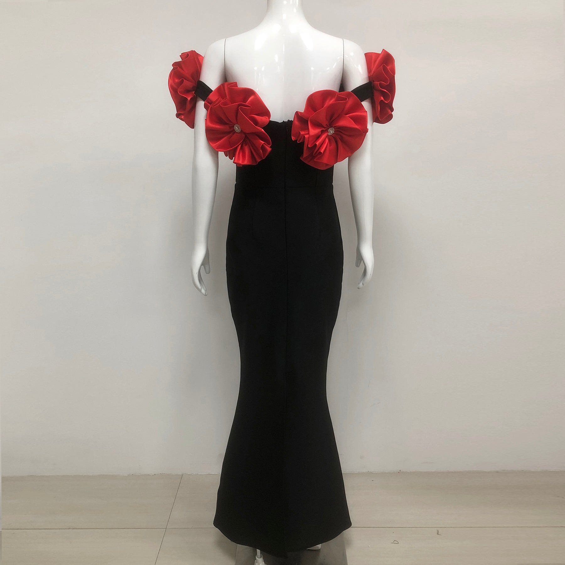 RED STRAPLESS BANDAGE MAXI DRESS WITH FLOWER EMBELLISHMENT