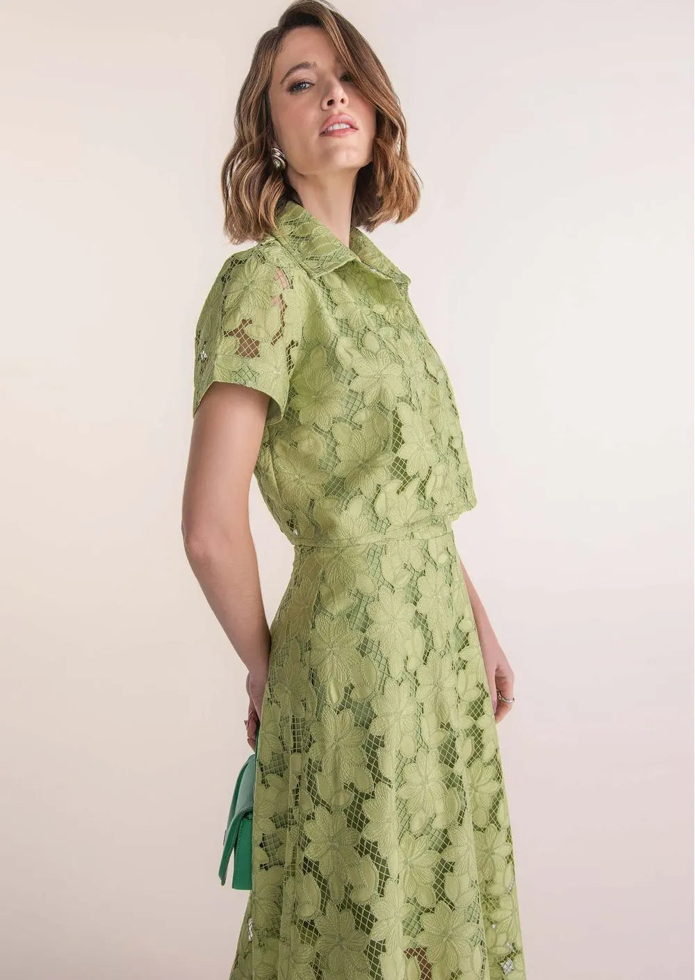 GUIPURE GREEN MIDI SKIRT & CROP SET