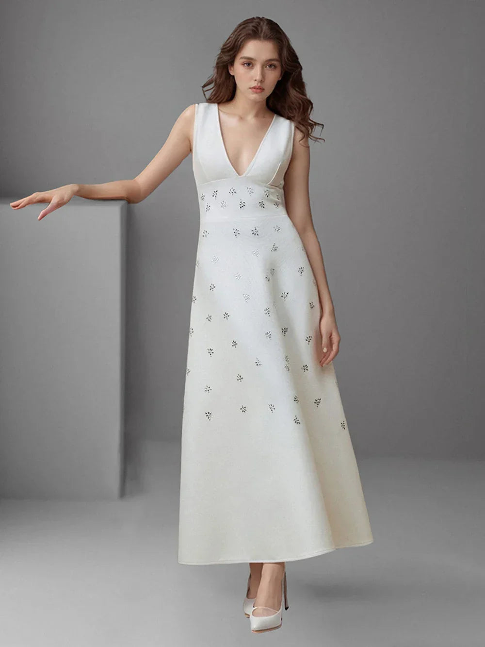 LILY WHITE V-NECK MIDI DRESS FOR WEDDING GUEST