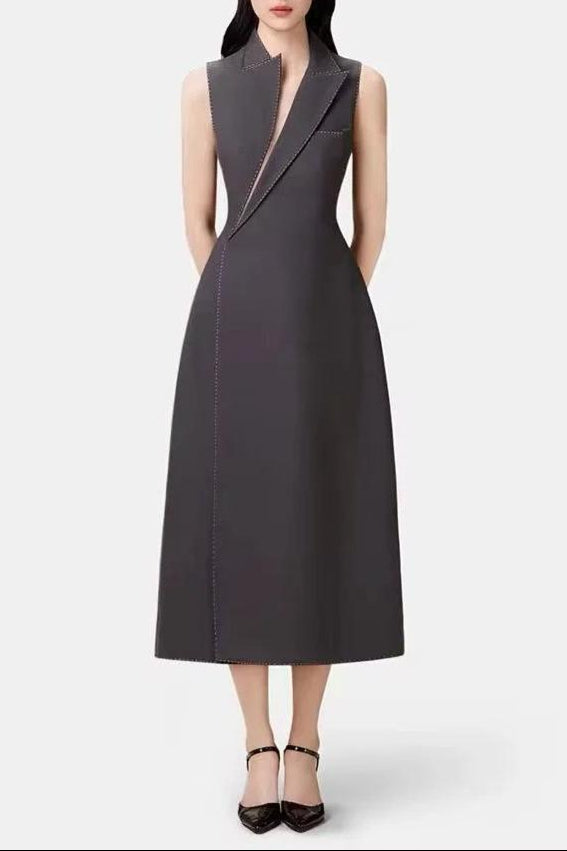 e4cd2570-1234-446a-be8c-57e522dcc487 ASYMMETRIC COLLAR BLAZER MIDI DRESS GREY