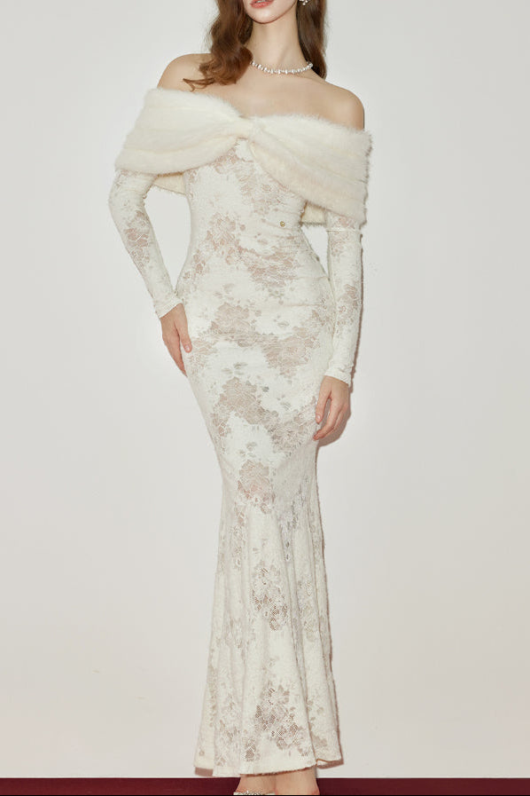 JULIA OFF-SHOULDER FUR COLLAR LACE WHITE MAXI DRESS